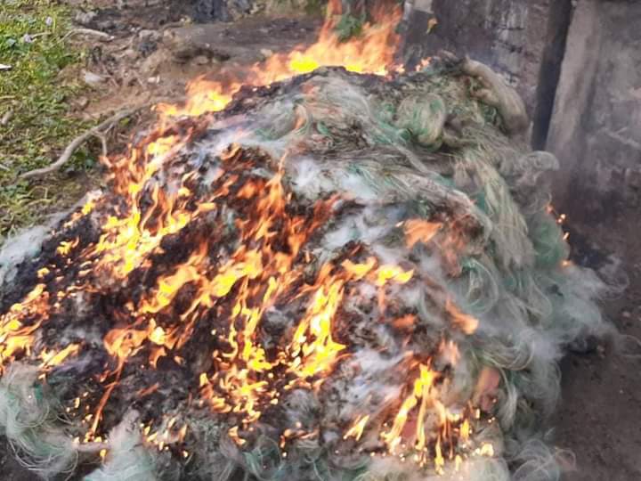 কাউখালীতে দেড়লক্ষ মিটার জাল পুড়িয়ে বিনষ্ট