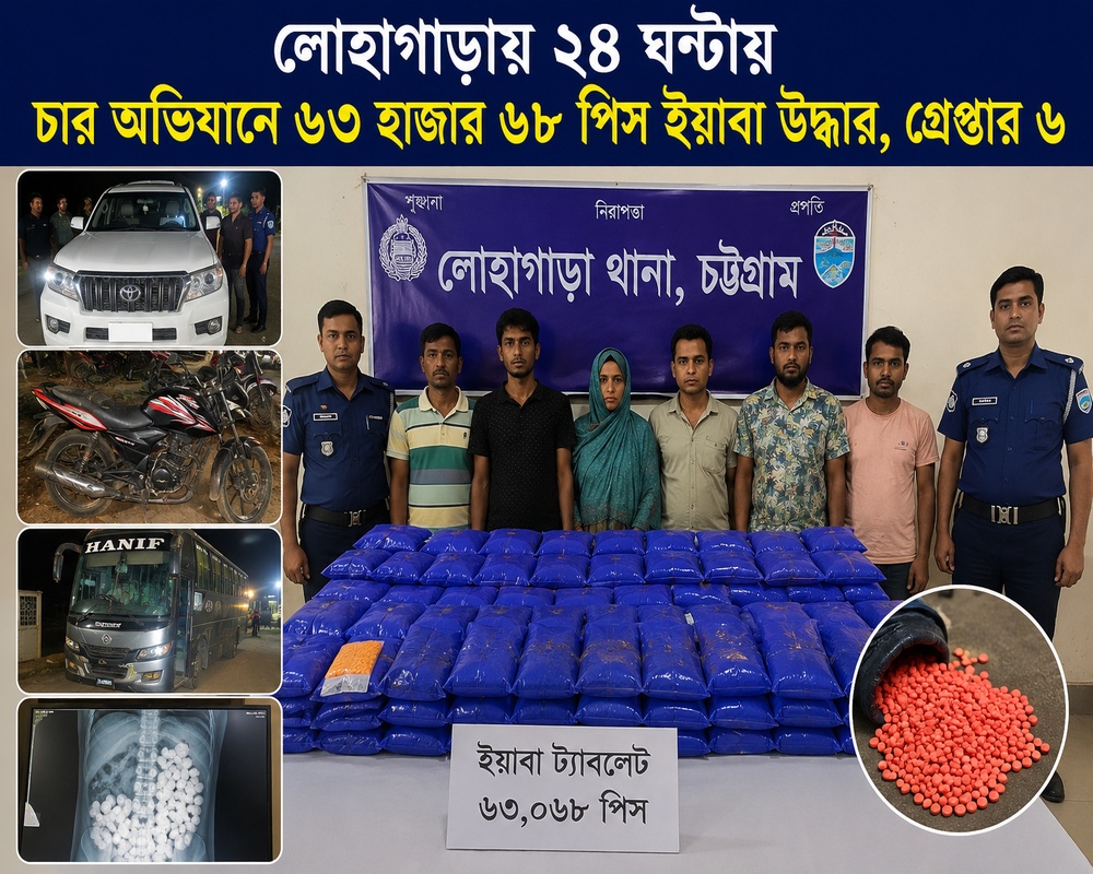 লোহাগাড়ায় চার অভিযানে ৬৩ হাজার ইয়াবা উদ্ধার, গ্রেপ্তার ৬